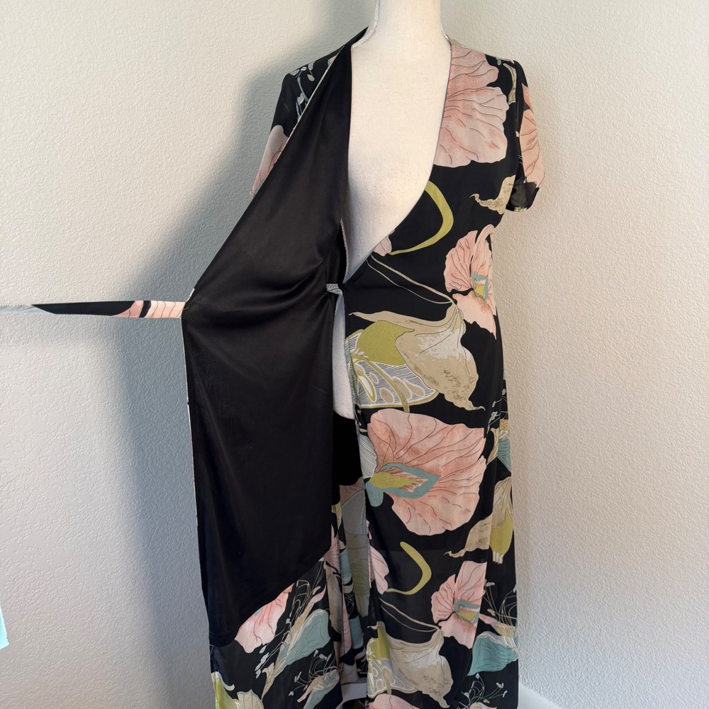 SheIn Wrap Maxi Dress Womens Large Black Pink Floral Chiffon Short Sleeve Boho - Picture 2 of 8